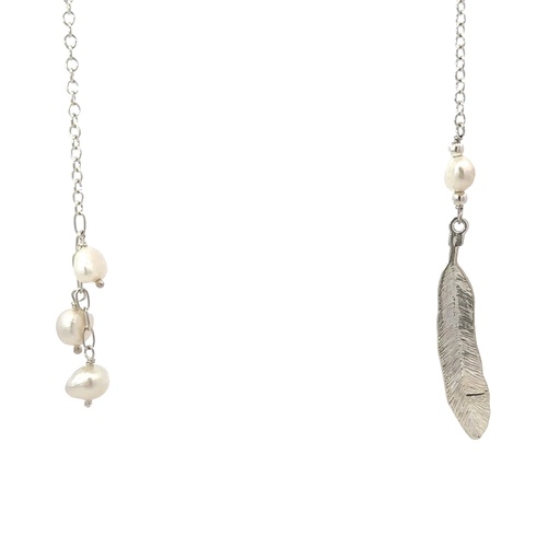 [000081] Sterling Silver Lariat With Pearls & Feather