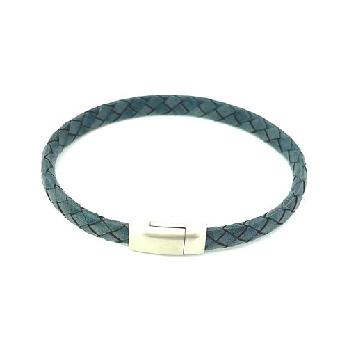 [000094] Bold Blue: Men's Leather Bracelet with Steel Clasp