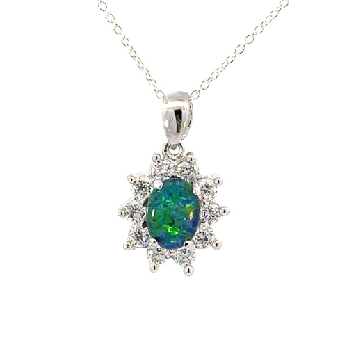 [000897] Elegant Opal & Cubic Halo Pendant In Silver