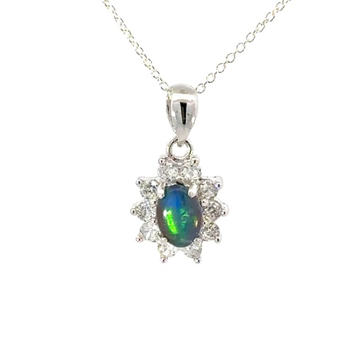 [000899] Gleaming Enchantment: Radiant Green Fire Opal Pendant with Sparkling Diamond Halo