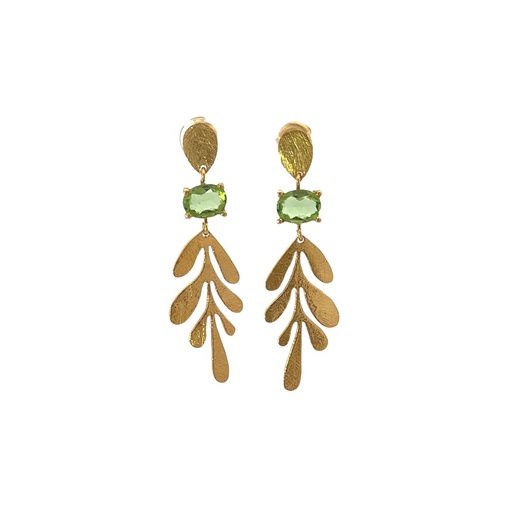[001067] Gold Plated Brass Leaf Shaped Drop Earrings With Peridot