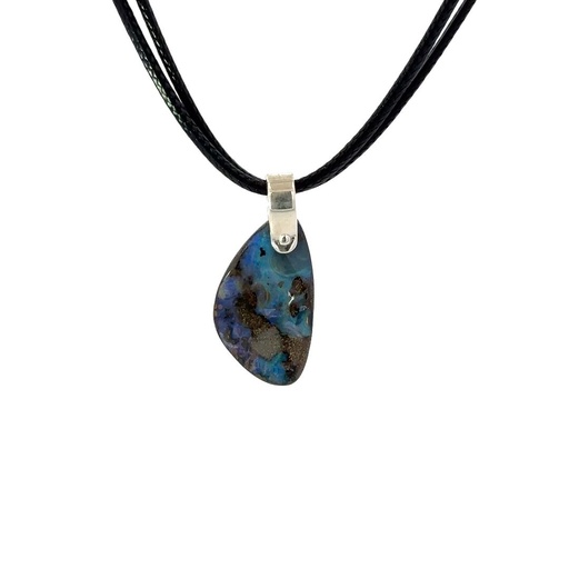 [001148] Sterling Silver Boulder Opal Pendant on Leather