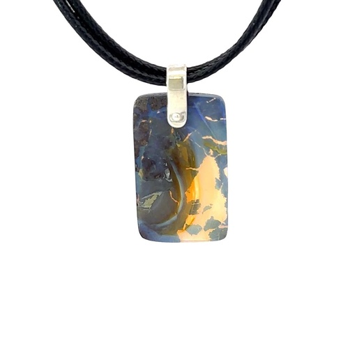 [001156] Boulder Opal Pendant W/ Silver on Leather