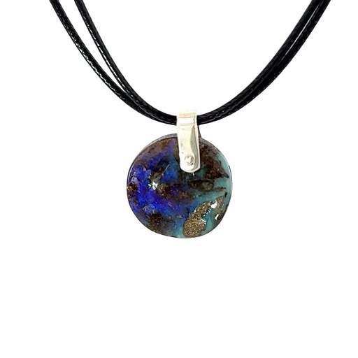 [001162] Boulder Opal Pendant W/Silver on Leather