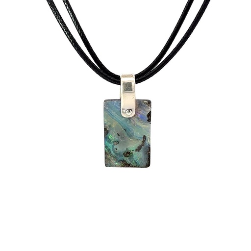 [001163] Boulder Opal Pendant W/ Silver on Leather