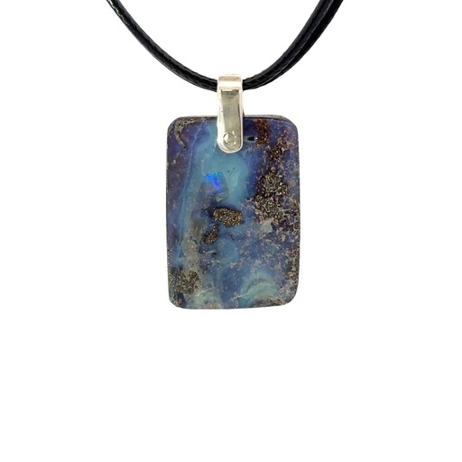 [001168] Boulder Opal Pendant W/ Silver on Leather