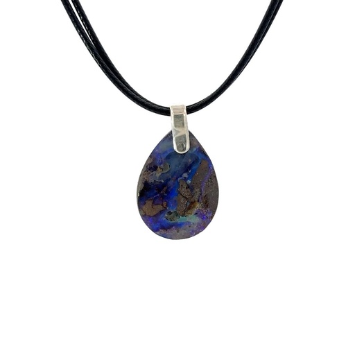 [001170] Silver Boulder Opal Pendant on Black Leather