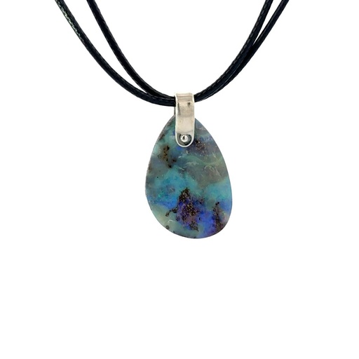 [001171] Silver Boulder Opal Pendant on Black Leather