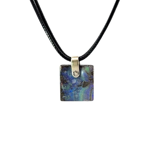[001172] Silver Boulder Opal Pendant on Black Leather
