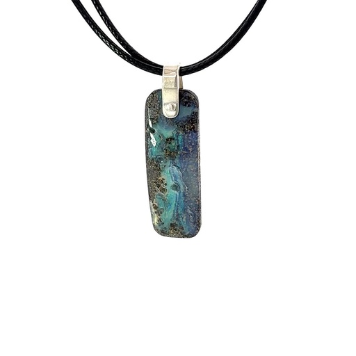 [001173] Silver Boulder Opal Pendant on Black Leather