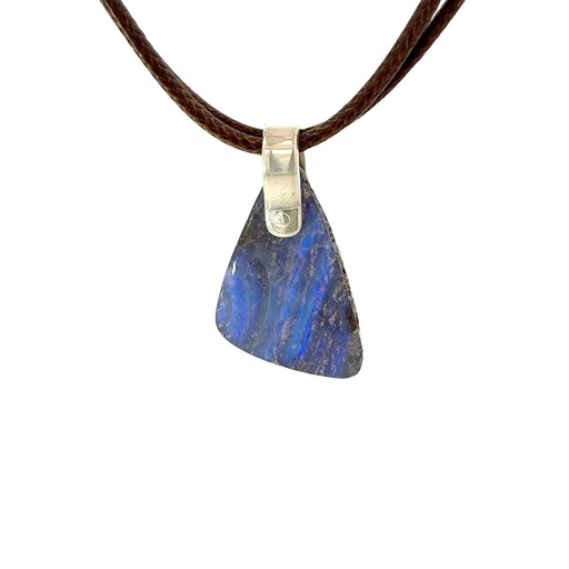 [001174] Silver Boulder Opal Pendant on Brown Leather