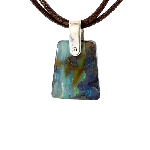 [001175] Silver Boulder Opal Pendant on Brown Leather