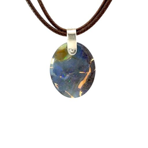 [001177] Silver Boulder Opal Pendant On Brown Leather