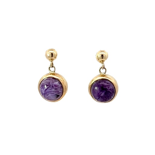 [001244] Charoite Stone Drop Earrings In Yellow Gold