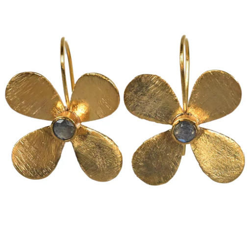 [001370] Gold Plated Brass Flower Earrings With Moonstone