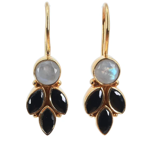 [001383] Moonstone & Smokey Quartz Earrings | Gold Plated Brass