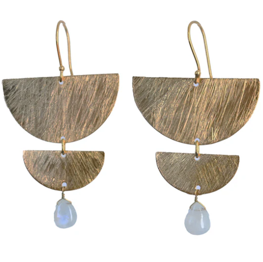 [001384] Gold Plated Brass Half Circle Earrings With Moonstones