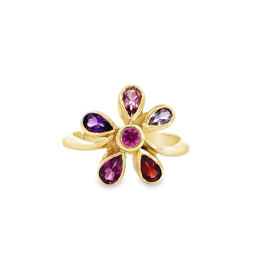 [001447] Flower Ring With Multi Coloured Gemstones | 18ct Gold