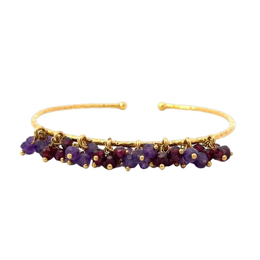 [001591] Cuff With A Tassel of Amethyst & Garnet | Gold Plated Brass