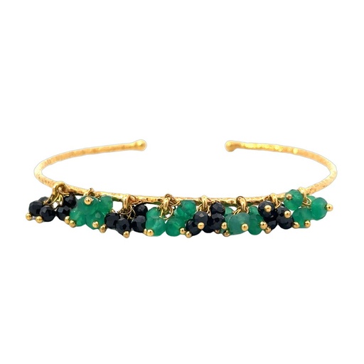 [001593] Tassel of Onyx and Green Agate Gold Plated Brass Cuff