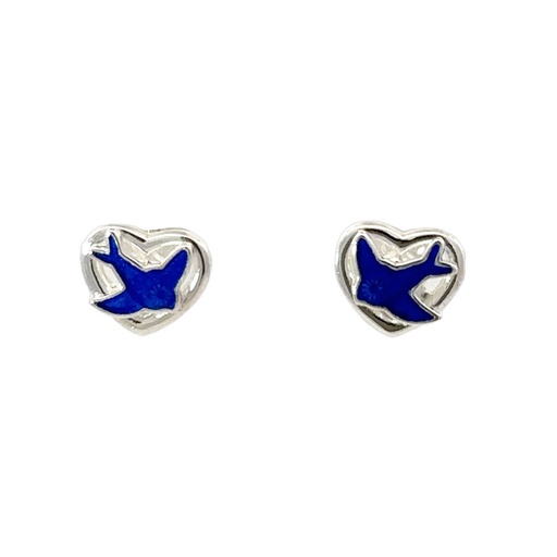 [001900] Children Sterling Silver Blue Bird in Hearts Stud Earrings
