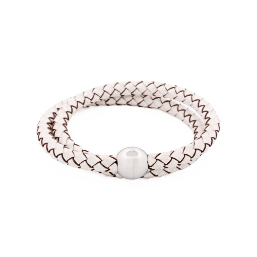 [001907] White Leather Mens Bracelet With Steel Magnet Clasp