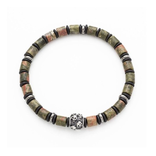 [001910] Epidote Stone Bracelet with Stainless Steel Skull Bead