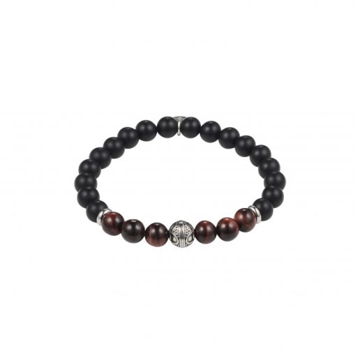 [001911] Red Tiger Eye & Black Agate Bracelet with Stainless Steel Antique Bead