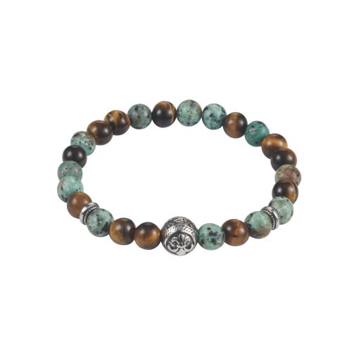 [001912] Tiger Eye & African Turquoise Bracelet with Stainless Steel Antique Bead