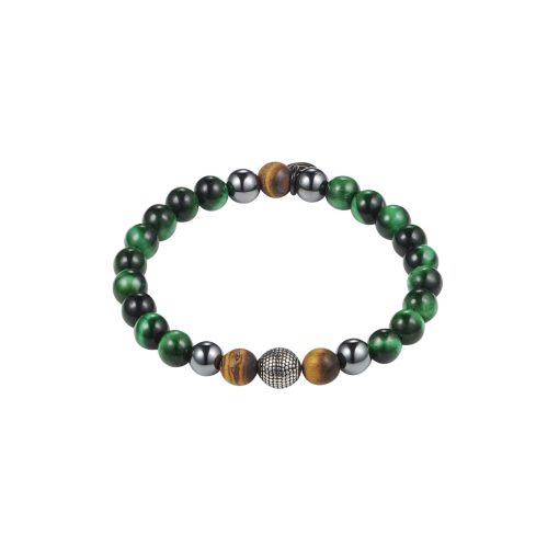 [001913] Green Tiger Eye & Hematite Bracelet with Stainless Steel Beads