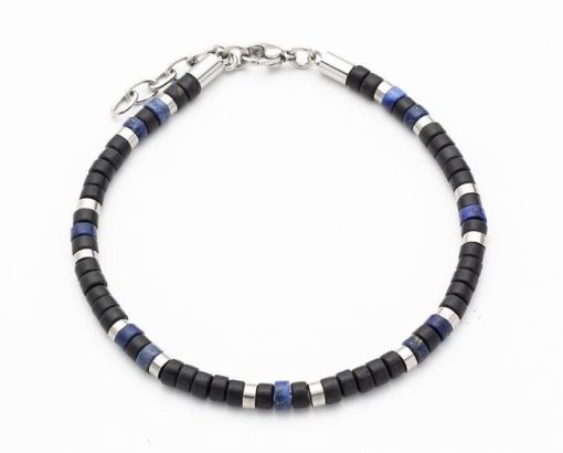 [001916] Agate & Lapis Bracelet With Stainless Steel Beads