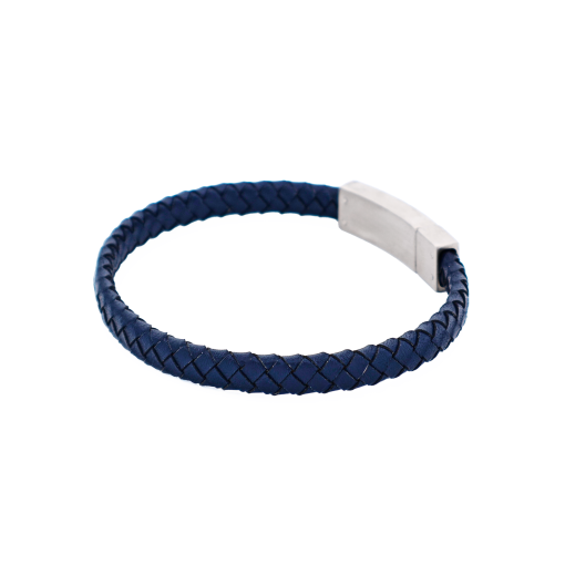 [001920] Navy Leather Mens Bracelet Thin With Stainless Steel Clasp