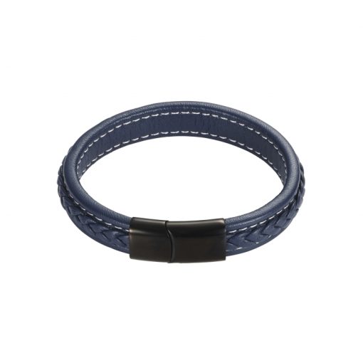 [001921] Thick Navy Leather Bracelet With Stainless Steel Clasp