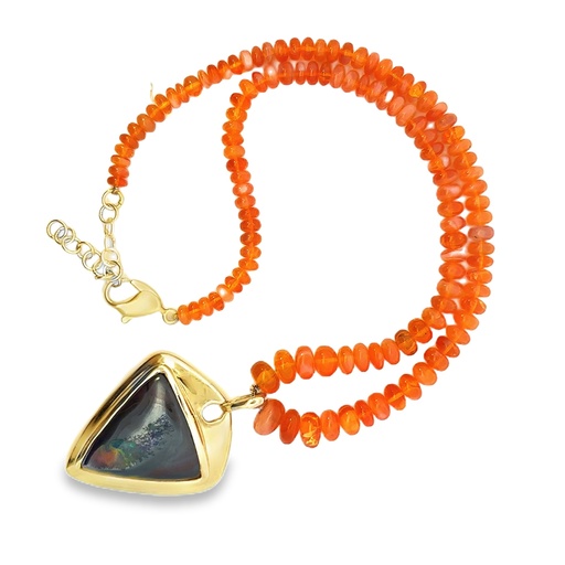[001946] Gold Plated Opal Necklace | Queensland Boulder Opal Pendant & Mexican Fire Opal Beads