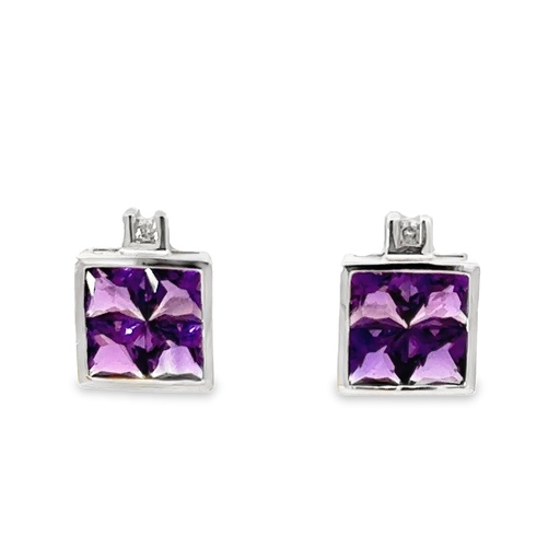 [001996] Amethyst Stud Earrings With Diamond Accent In 14ct White Gold