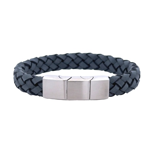 [002182] Blue Leather Mens Bracelet With Steel Clasp