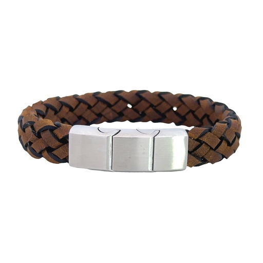 [002184] Dark Tan Leather Mens Bracelet With Steel Clasp