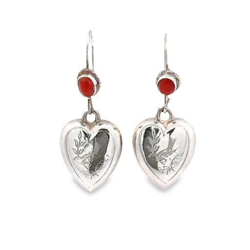 [21990SEANTIQUECORAL] Antique Heart & Coral Drop Earrings In Silver